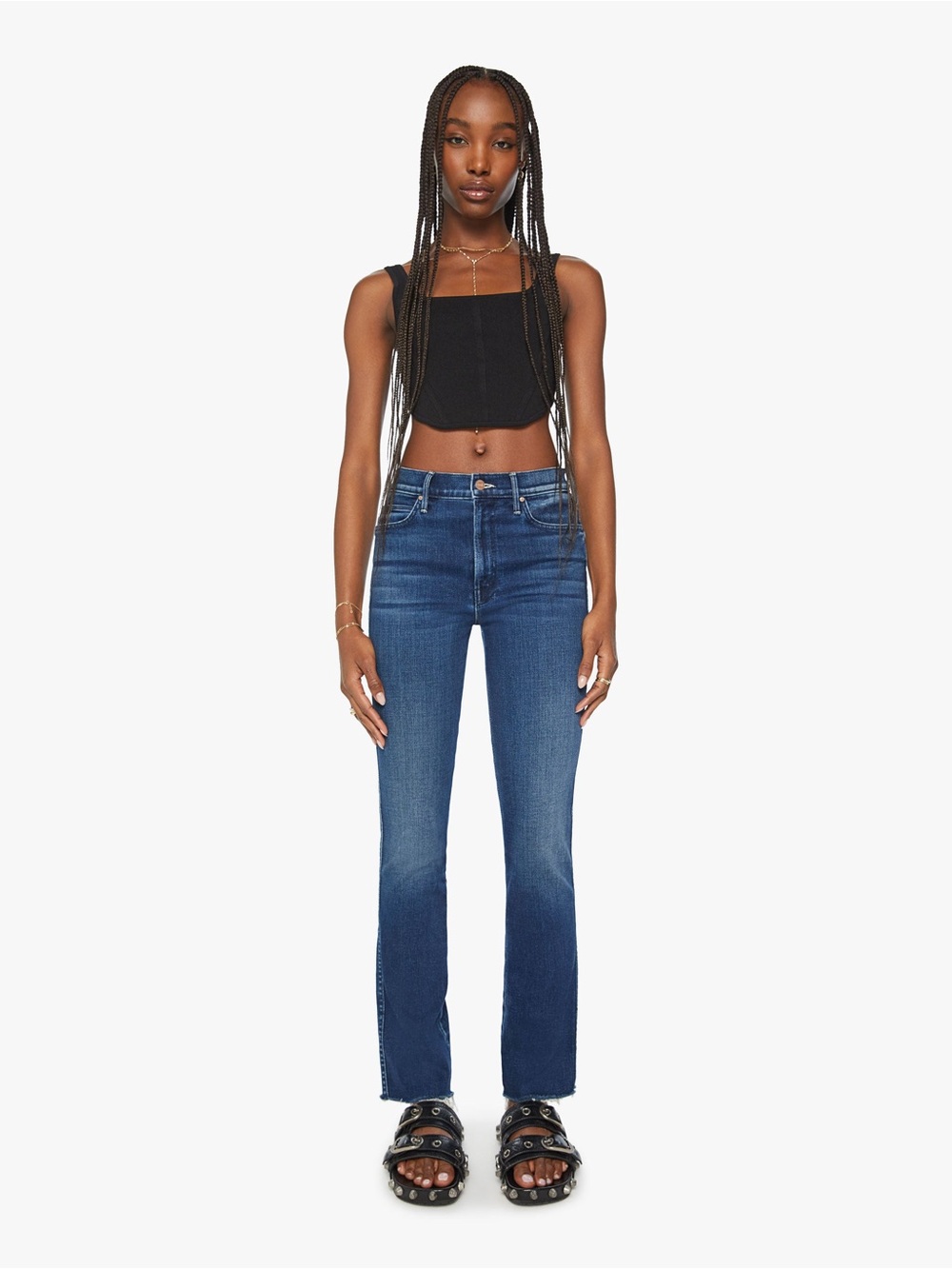 MOTHER High Waisted Rascal Sneak Fray Jeans Size 30 Sake To Me Dark Wash